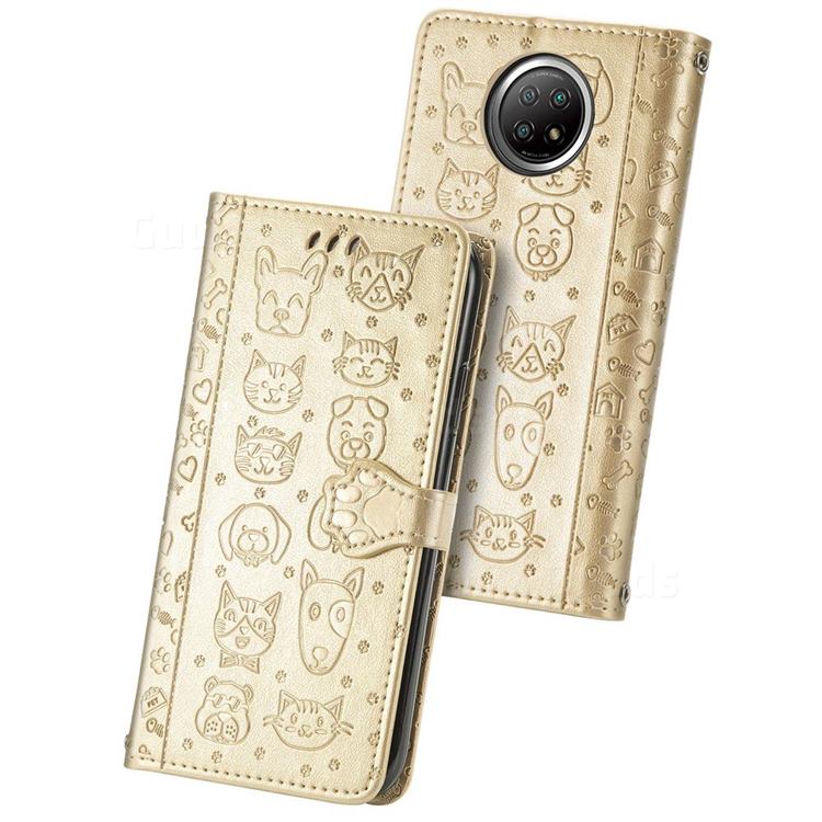 Embossing Dog Paw Kitten and Puppy Leather Wallet Case for Xiaomi Redmi Note 9 5G - Champagne Gold