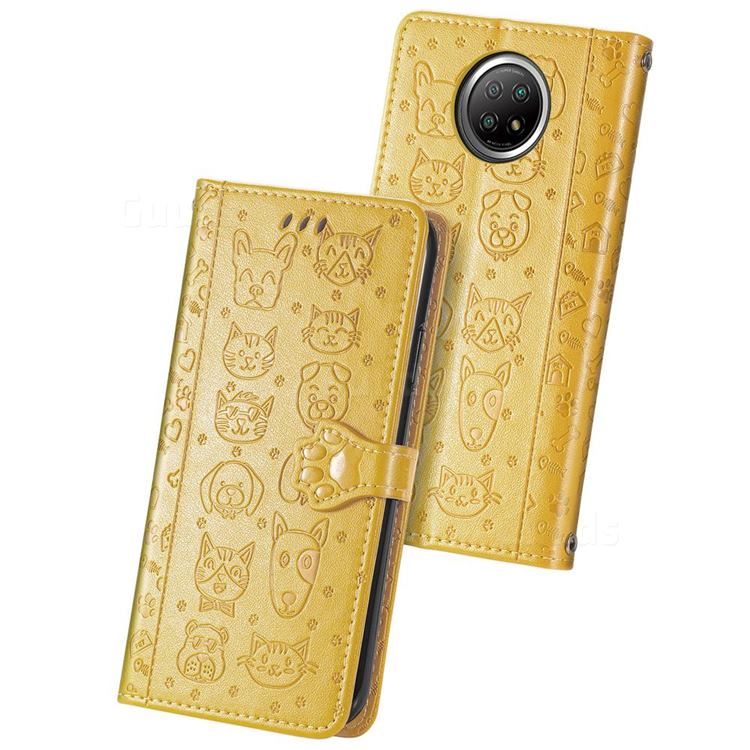 Embossing Dog Paw Kitten and Puppy Leather Wallet Case for Xiaomi Redmi Note 9 5G - Yellow