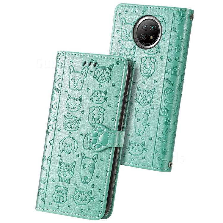 Embossing Dog Paw Kitten and Puppy Leather Wallet Case for Xiaomi Redmi Note 9 5G - Green