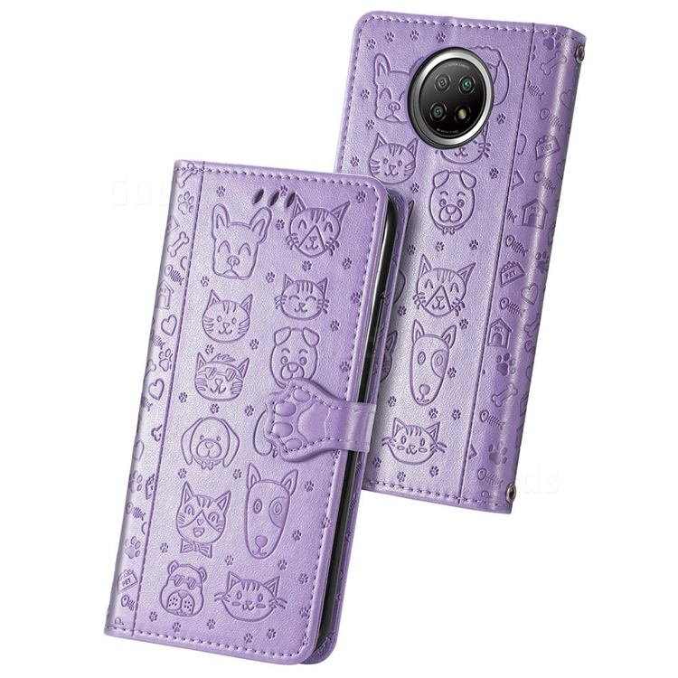 Embossing Dog Paw Kitten and Puppy Leather Wallet Case for Xiaomi Redmi Note 9 5G - Purple
