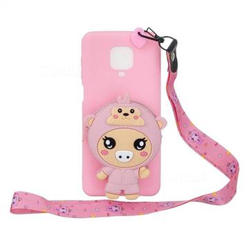 Pink Pig Neck Lanyard Zipper Wallet Silicone Case for Xiaomi Redmi Note 9s / Note9 Pro / Note 9 Pro Max