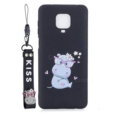 Black Flower Hippo Soft Kiss Candy Hand Strap Silicone Case for Xiaomi Redmi Note 9s / Note9 Pro / Note 9 Pro Max