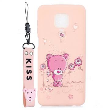 Pink Flower Bear Soft Kiss Candy Hand Strap Silicone Case for Xiaomi Redmi Note 9s / Note9 Pro / Note 9 Pro Max