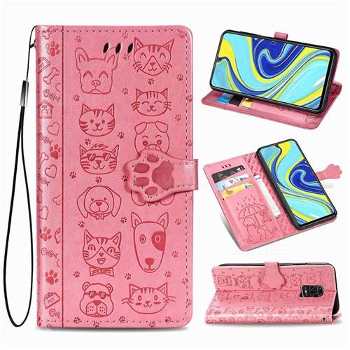 Embossing Dog Paw Kitten and Puppy Leather Wallet Case for Xiaomi Redmi Note 9s / Note9 Pro / Note 9 Pro Max - Pink