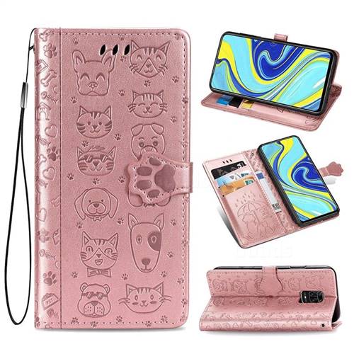 Embossing Dog Paw Kitten and Puppy Leather Wallet Case for Xiaomi Redmi Note 9s / Note9 Pro / Note 9 Pro Max - Rose Gold