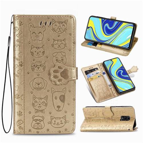 Embossing Dog Paw Kitten and Puppy Leather Wallet Case for Xiaomi Redmi Note 9s / Note9 Pro / Note 9 Pro Max - Champagne Gold