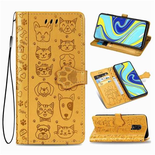 Embossing Dog Paw Kitten and Puppy Leather Wallet Case for Xiaomi Redmi Note 9s / Note9 Pro / Note 9 Pro Max - Yellow
