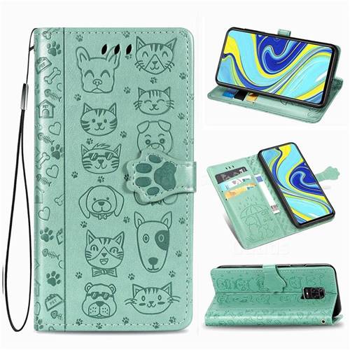 Embossing Dog Paw Kitten and Puppy Leather Wallet Case for Xiaomi Redmi Note 9s / Note9 Pro / Note 9 Pro Max - Green
