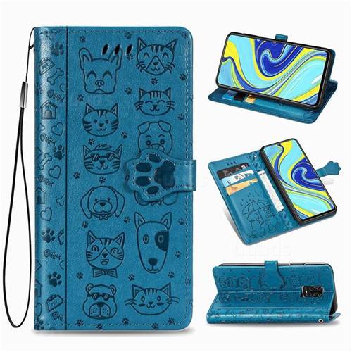 Embossing Dog Paw Kitten and Puppy Leather Wallet Case for Xiaomi Redmi Note 9s / Note9 Pro / Note 9 Pro Max - Blue