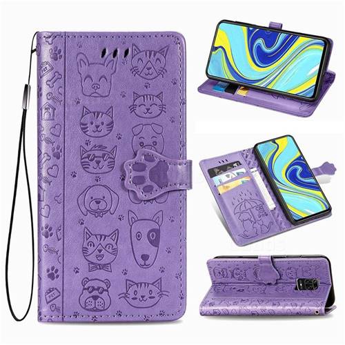 Embossing Dog Paw Kitten and Puppy Leather Wallet Case for Xiaomi Redmi Note 9s / Note9 Pro / Note 9 Pro Max - Purple