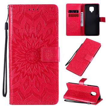 Embossing Sunflower Leather Wallet Case for Xiaomi Redmi Note 9s / Note9 Pro / Note 9 Pro Max - Red