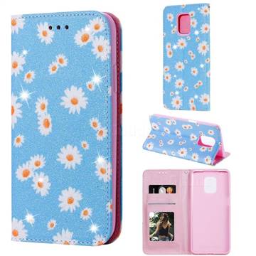Ultra Slim Daisy Sparkle Glitter Powder Magnetic Leather Wallet Case for Xiaomi Redmi Note 9s / Note9 Pro / Note 9 Pro Max - Blue
