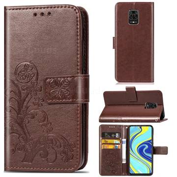 Embossing Imprint Four-Leaf Clover Leather Wallet Case for Xiaomi Redmi Note 9s / Note9 Pro / Note 9 Pro Max - Brown