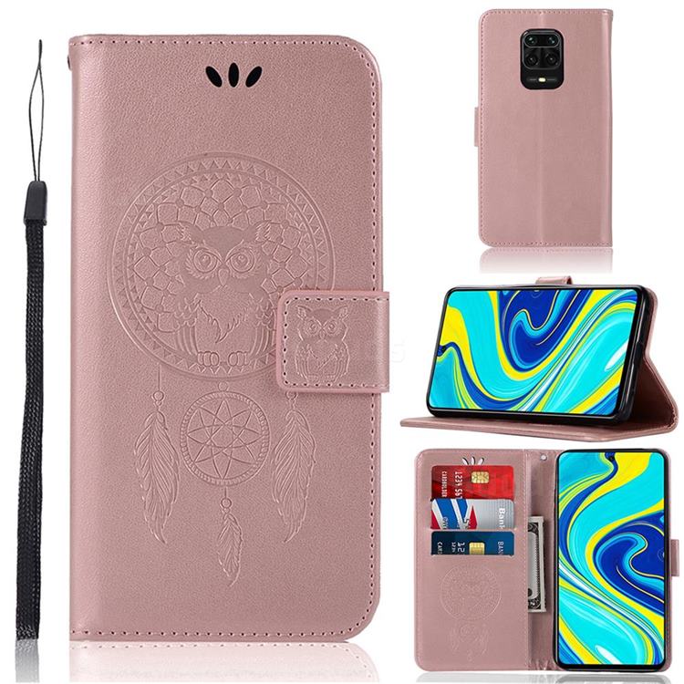 Intricate Embossing Owl Campanula Leather Wallet Case for Xiaomi Redmi Note 9s / Note9 Pro / Note 9 Pro Max - Rose Gold
