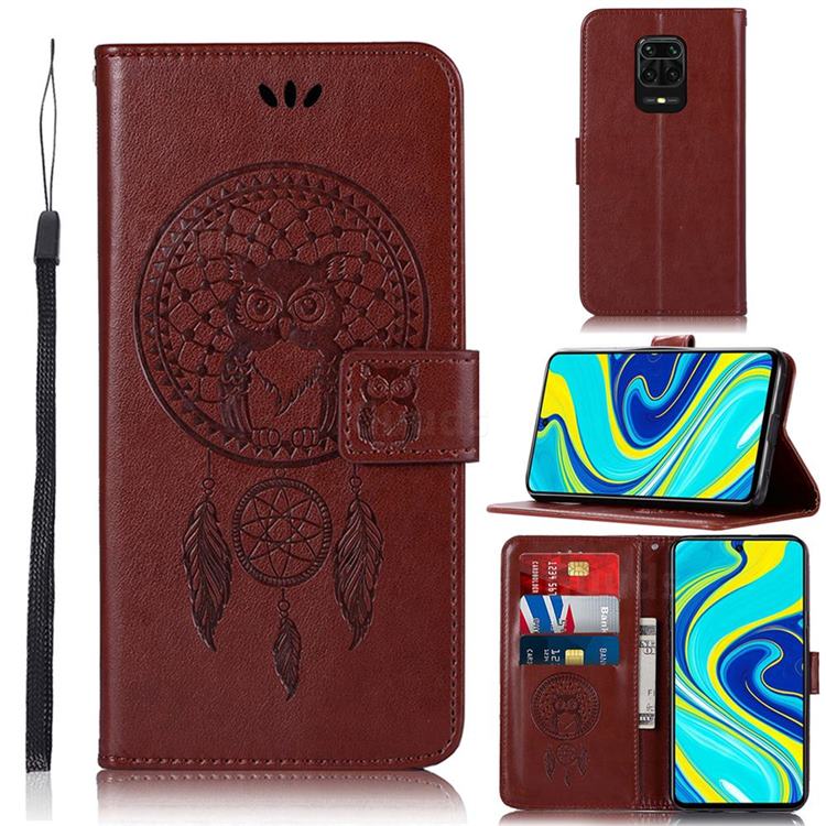 Intricate Embossing Owl Campanula Leather Wallet Case for Xiaomi Redmi Note 9s / Note9 Pro / Note 9 Pro Max - Brown