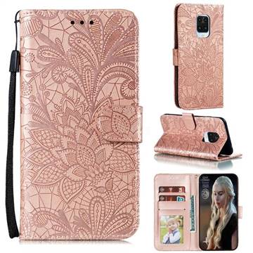 Intricate Embossing Lace Jasmine Flower Leather Wallet Case for Xiaomi Redmi Note 9s / Note9 Pro / Note 9 Pro Max - Rose Gold