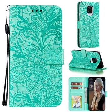 Intricate Embossing Lace Jasmine Flower Leather Wallet Case for Xiaomi Redmi Note 9s / Note9 Pro / Note 9 Pro Max - Green