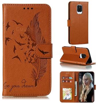 Intricate Embossing Lychee Feather Bird Leather Wallet Case for Xiaomi Redmi Note 9s / Note9 Pro / Note 9 Pro Max - Brown
