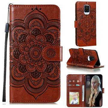 Intricate Embossing Datura Solar Leather Wallet Case for Xiaomi Redmi Note 9s / Note9 Pro / Note 9 Pro Max - Brown
