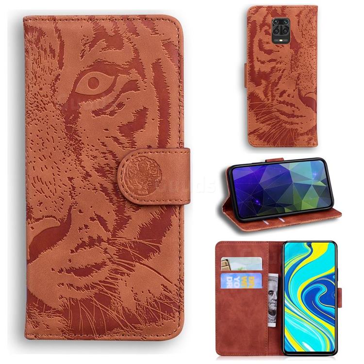 Intricate Embossing Tiger Face Leather Wallet Case for Xiaomi Redmi Note 9s / Note9 Pro / Note 9 Pro Max - Brown