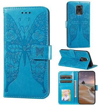 Intricate Embossing Rose Flower Butterfly Leather Wallet Case for Xiaomi Redmi Note 9s / Note9 Pro / Note 9 Pro Max - Blue
