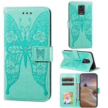Intricate Embossing Rose Flower Butterfly Leather Wallet Case for Xiaomi Redmi Note 9s / Note9 Pro / Note 9 Pro Max - Green