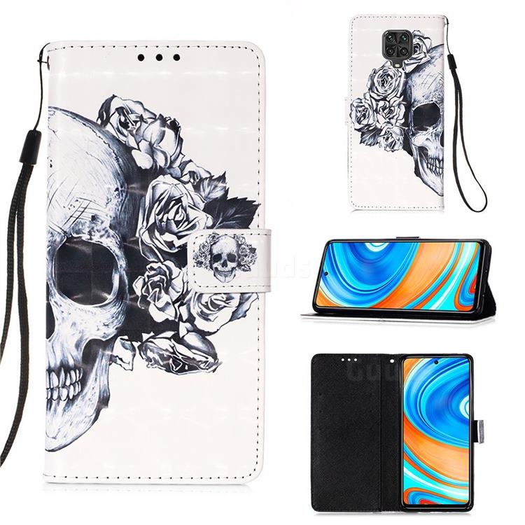 Skull Flower 3D Painted Leather Wallet Case for Xiaomi Redmi Note 9s / Note9 Pro / Note 9 Pro Max