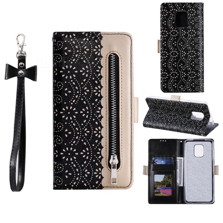 Luxury Lace Zipper Stitching Leather Phone Wallet Case for Xiaomi Redmi Note 9s / Note9 Pro / Note 9 Pro Max - Black