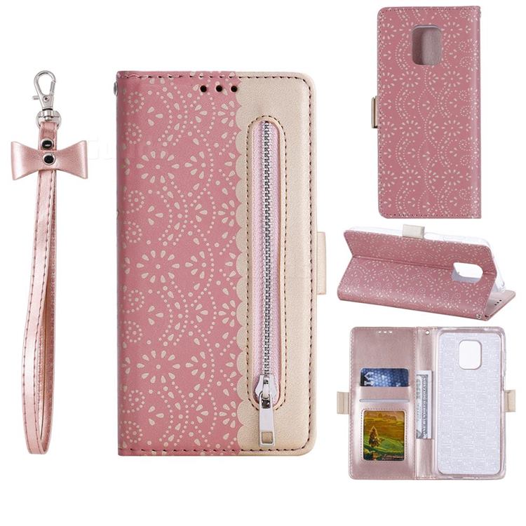 Luxury Lace Zipper Stitching Leather Phone Wallet Case for Xiaomi Redmi Note 9s / Note9 Pro / Note 9 Pro Max - Pink