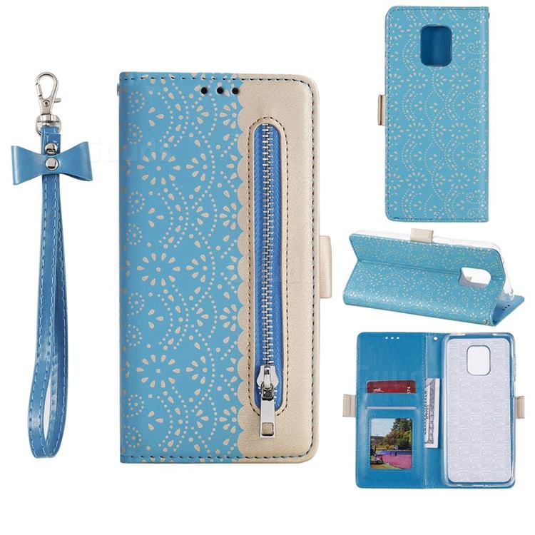 Luxury Lace Zipper Stitching Leather Phone Wallet Case for Xiaomi Redmi Note 9s / Note9 Pro / Note 9 Pro Max - Blue