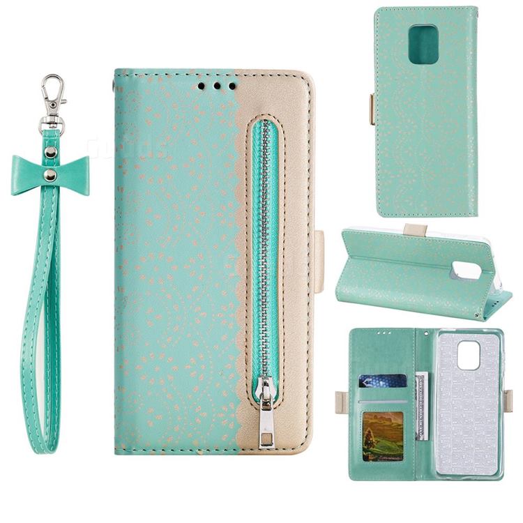 Luxury Lace Zipper Stitching Leather Phone Wallet Case for Xiaomi Redmi Note 9s / Note9 Pro / Note 9 Pro Max - Green