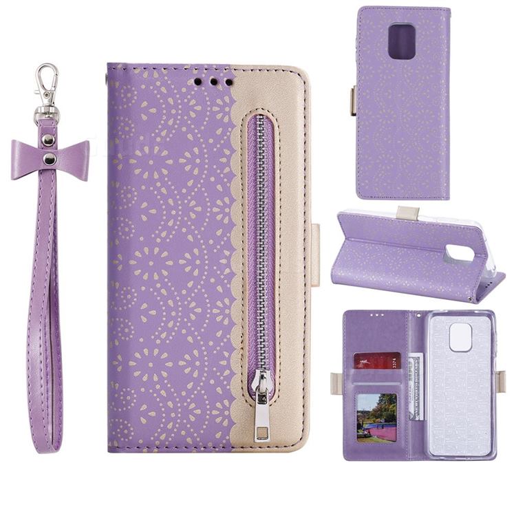 Luxury Lace Zipper Stitching Leather Phone Wallet Case for Xiaomi Redmi Note 9s / Note9 Pro / Note 9 Pro Max - Purple