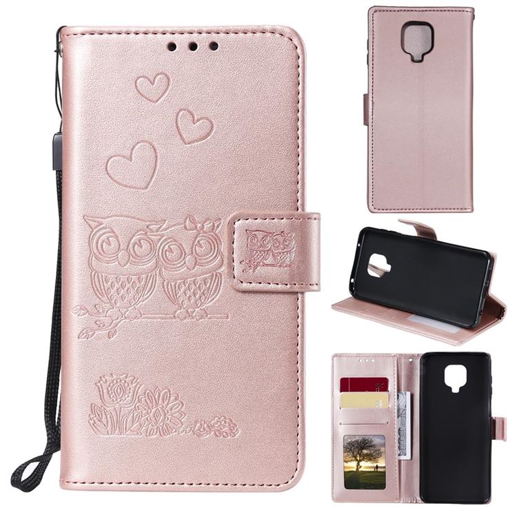 Embossing Owl Couple Flower Leather Wallet Case for Xiaomi Redmi Note 9s / Note9 Pro / Note 9 Pro Max - Rose Gold