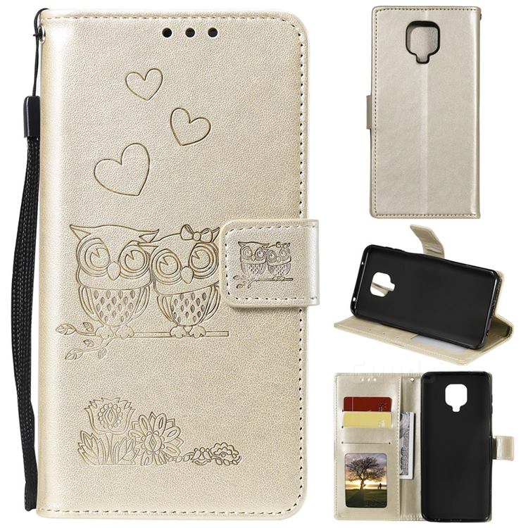 Embossing Owl Couple Flower Leather Wallet Case for Xiaomi Redmi Note 9s / Note9 Pro / Note 9 Pro Max - Golden