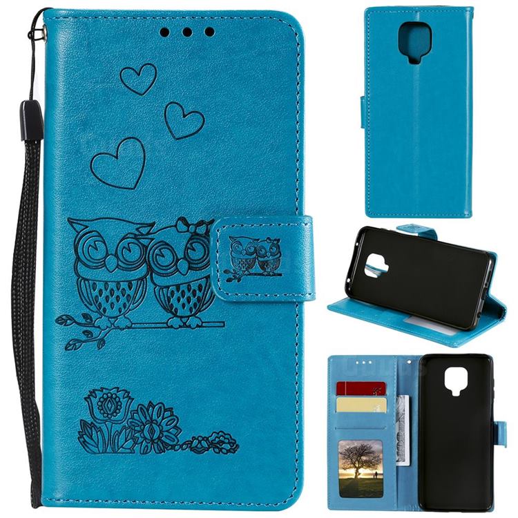 Embossing Owl Couple Flower Leather Wallet Case for Xiaomi Redmi Note 9s / Note9 Pro / Note 9 Pro Max - Blue