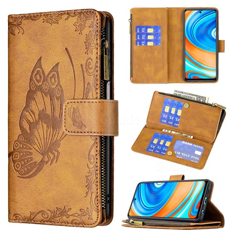 Binfen Color Imprint Vivid Butterfly Buckle Zipper Multi-function Leather Phone Wallet for Xiaomi Redmi Note 9s / Note9 Pro / Note 9 Pro Max - Brown