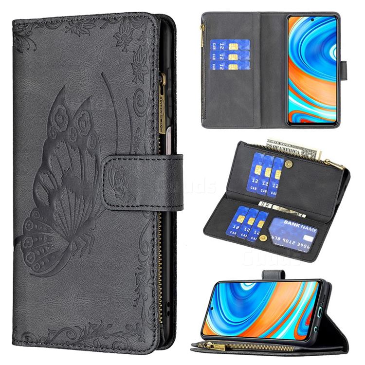 Binfen Color Imprint Vivid Butterfly Buckle Zipper Multi-function Leather Phone Wallet for Xiaomi Redmi Note 9s / Note9 Pro / Note 9 Pro Max - Black