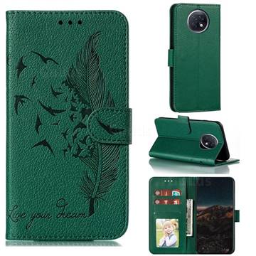 Intricate Embossing Lychee Feather Bird Leather Wallet Case for Xiaomi Redmi Note 9T - Green