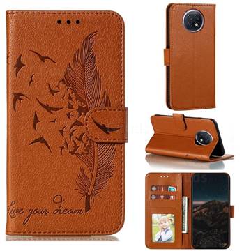 Intricate Embossing Lychee Feather Bird Leather Wallet Case for Xiaomi Redmi Note 9T - Brown