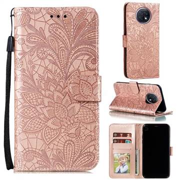 Intricate Embossing Lace Jasmine Flower Leather Wallet Case for Xiaomi Redmi Note 9T - Rose Gold