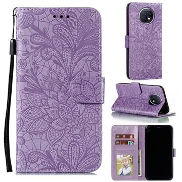 Intricate Embossing Lace Jasmine Flower Leather Wallet Case for Xiaomi Redmi Note 9T - Purple