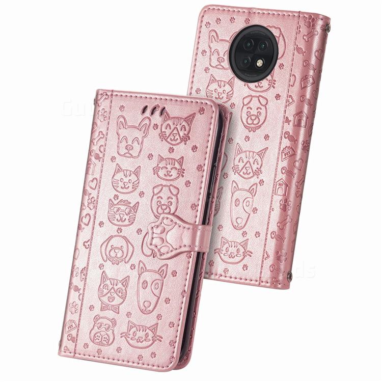 Embossing Dog Paw Kitten and Puppy Leather Wallet Case for Xiaomi Redmi Note 9T - Rose Gold