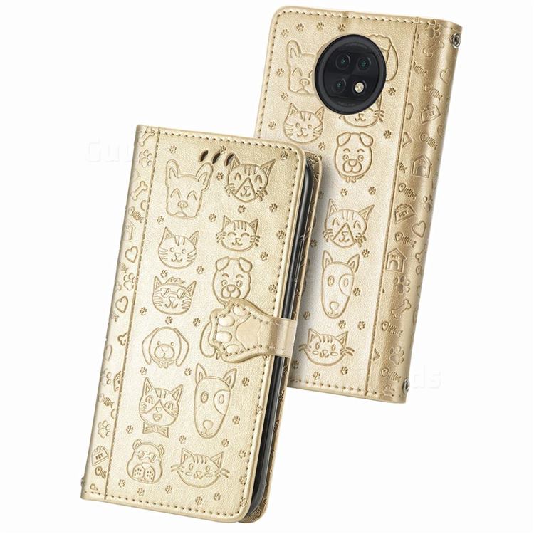 Embossing Dog Paw Kitten and Puppy Leather Wallet Case for Xiaomi Redmi Note 9T - Champagne Gold