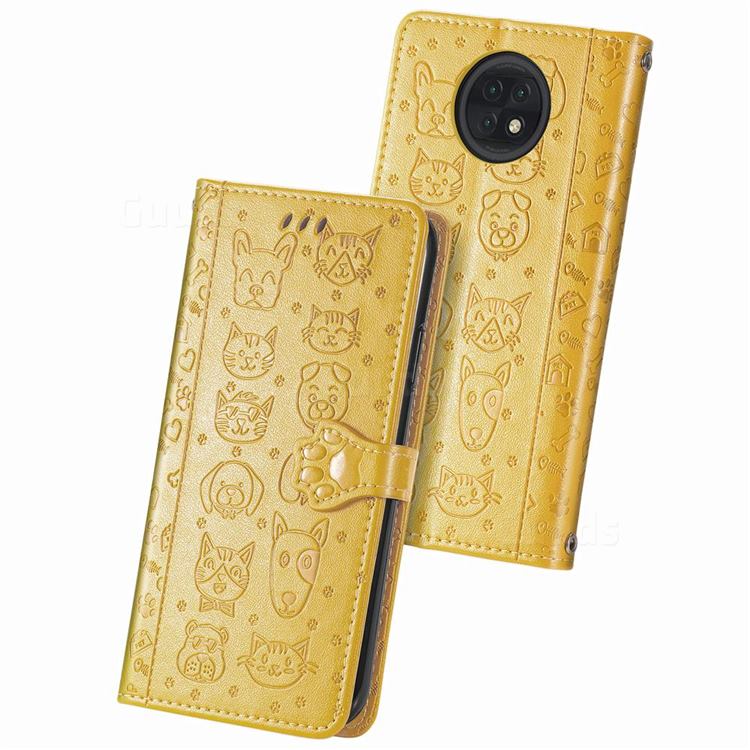 Embossing Dog Paw Kitten and Puppy Leather Wallet Case for Xiaomi Redmi Note 9T - Yellow