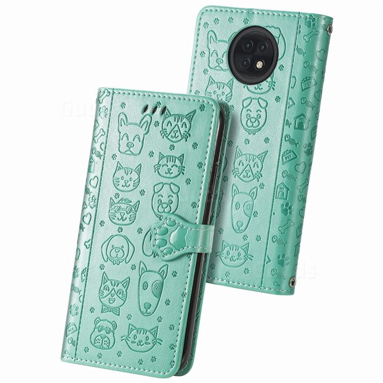 Embossing Dog Paw Kitten and Puppy Leather Wallet Case for Xiaomi Redmi Note 9T - Green