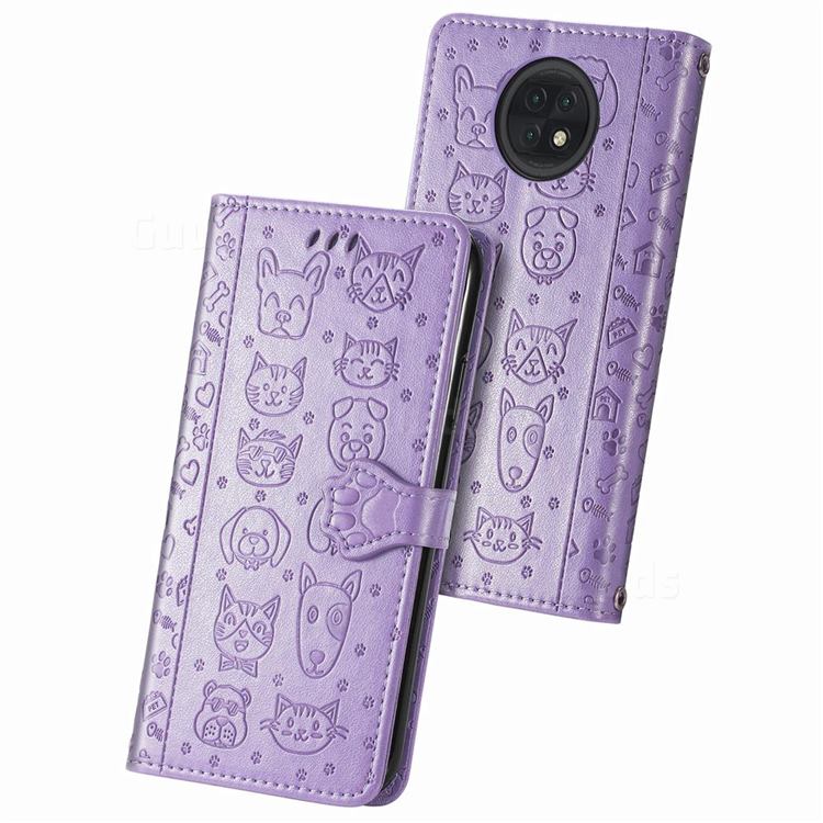 Embossing Dog Paw Kitten and Puppy Leather Wallet Case for Xiaomi Redmi Note 9T - Purple