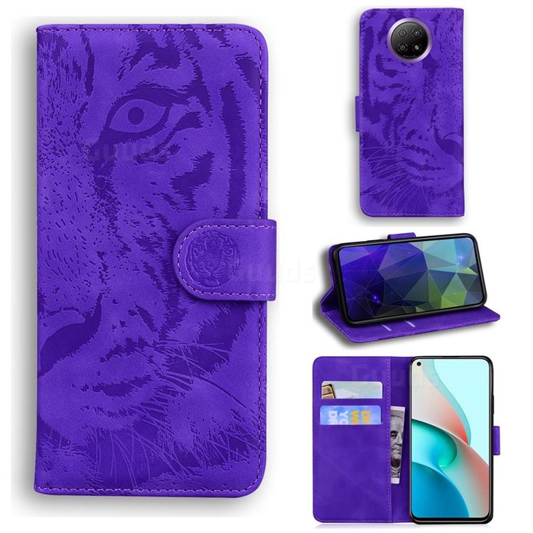 Intricate Embossing Tiger Face Leather Wallet Case for Xiaomi Redmi Note 9T - Purple