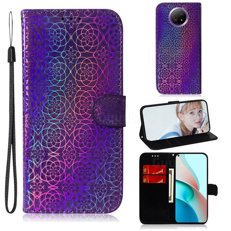 Laser Circle Shining Leather Wallet Phone Case for Xiaomi Redmi Note 9T - Purple