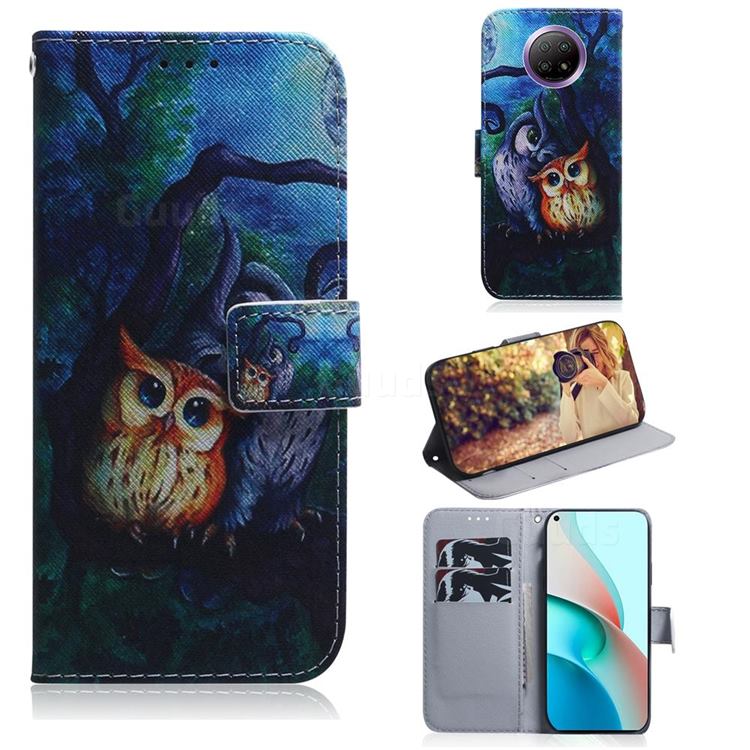 Oil Painting Owl PU Leather Wallet Case for Xiaomi Redmi Note 9T