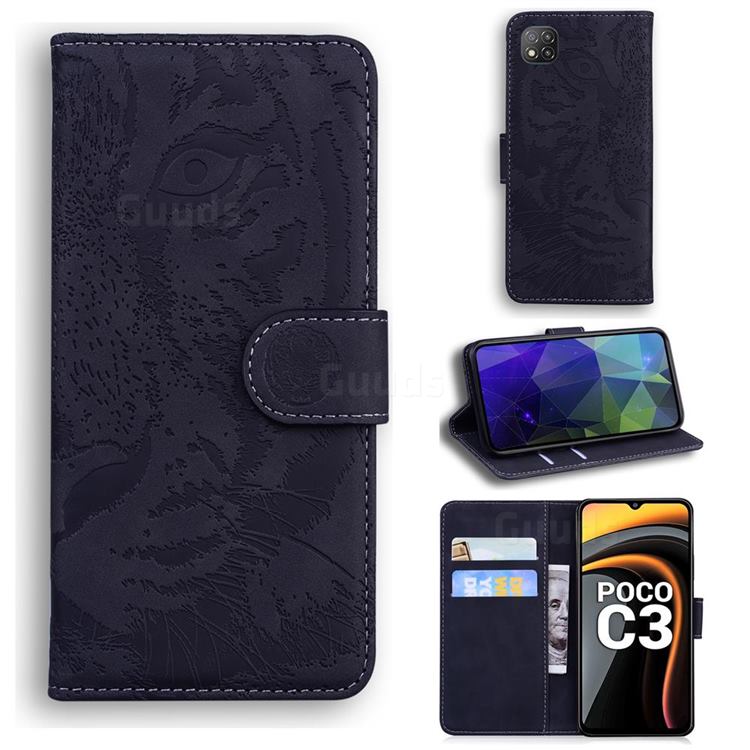 Intricate Embossing Tiger Face Leather Wallet Case for Mi Xiaomi Poco C3 - Black